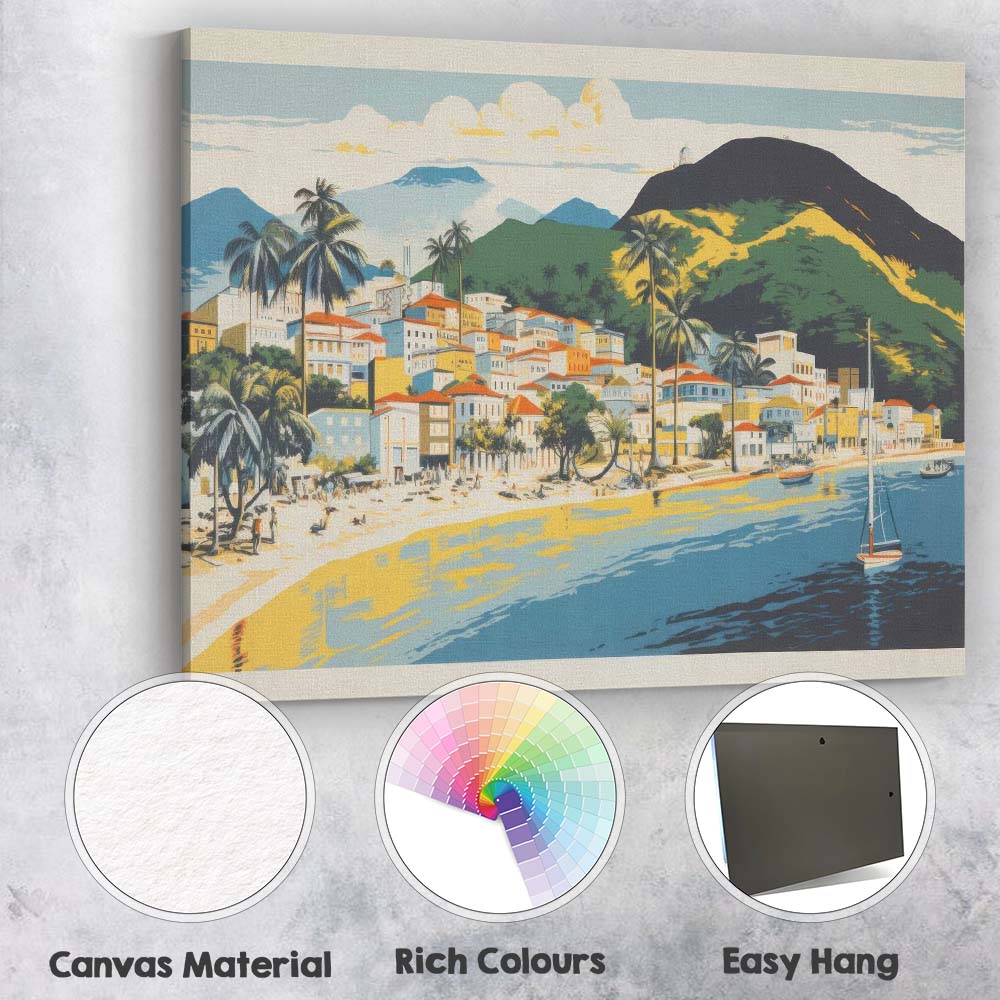 Retro Tropical Coastal Village Beach Harbour Landscape Canvas Wall Art Print Decor Picture Ready to Hang