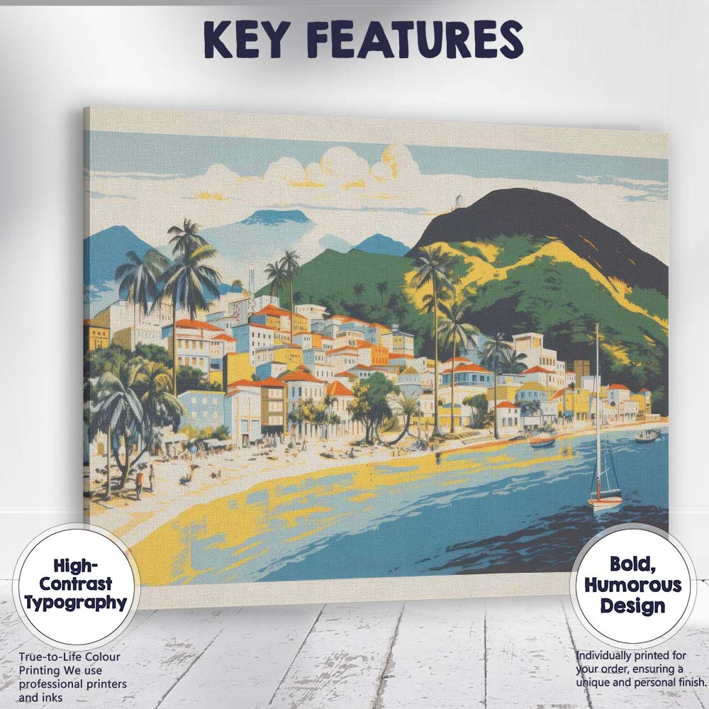 Retro Tropical Coastal Village Beach Harbour Landscape Canvas Wall Art Print Decor Picture Ready to Hang