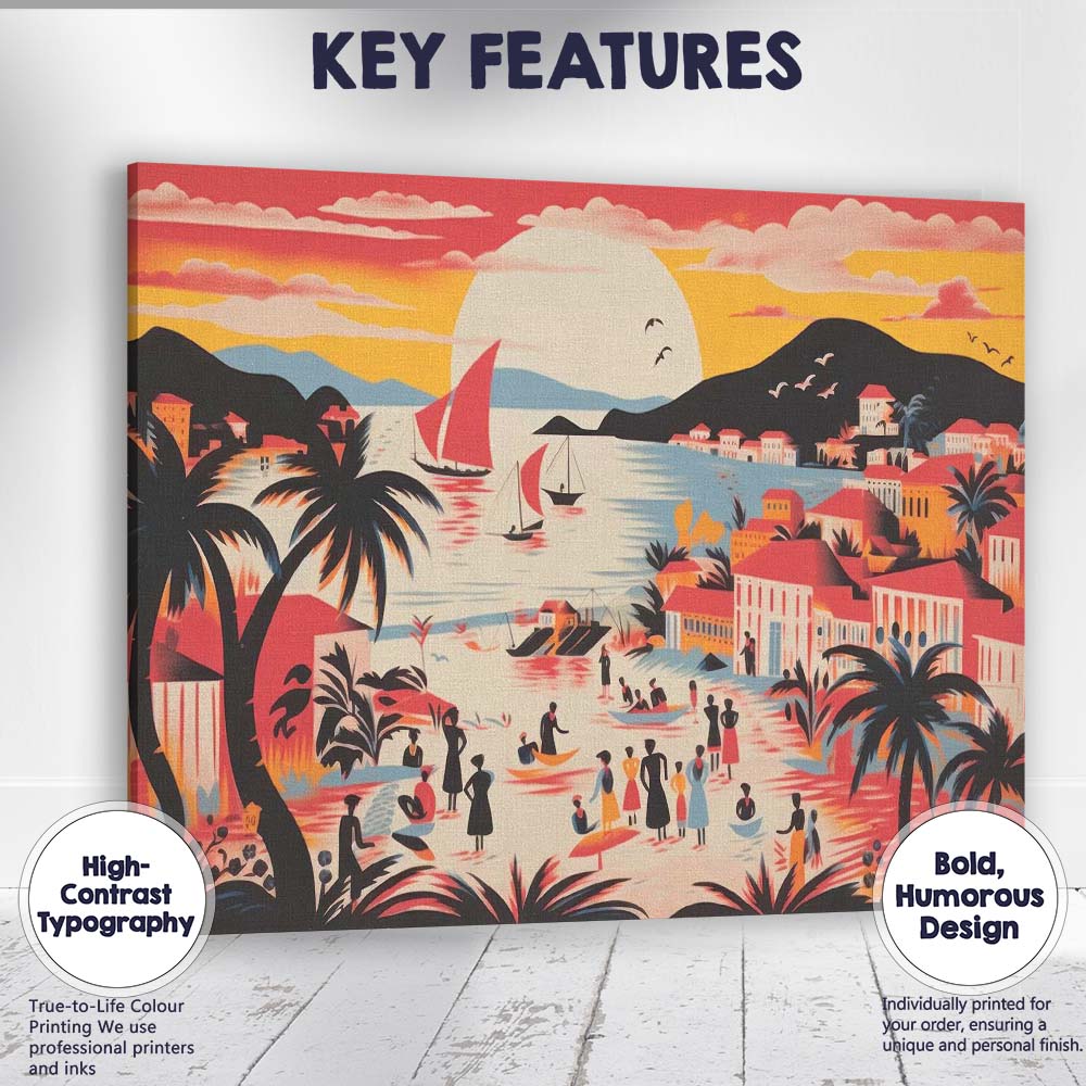 Warm Tropical Island Sunset Harbour Village Illustration Canvas Wall Art Print Decor Picture Ready to Hang