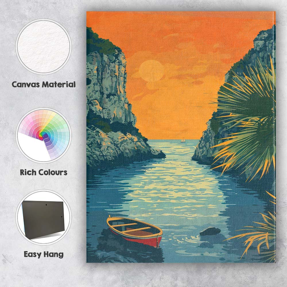 Golden Sunset Rocky Sea Inlet Fishing Boat Illustration Canvas Wall Art Print Decor Picture Ready to Hang