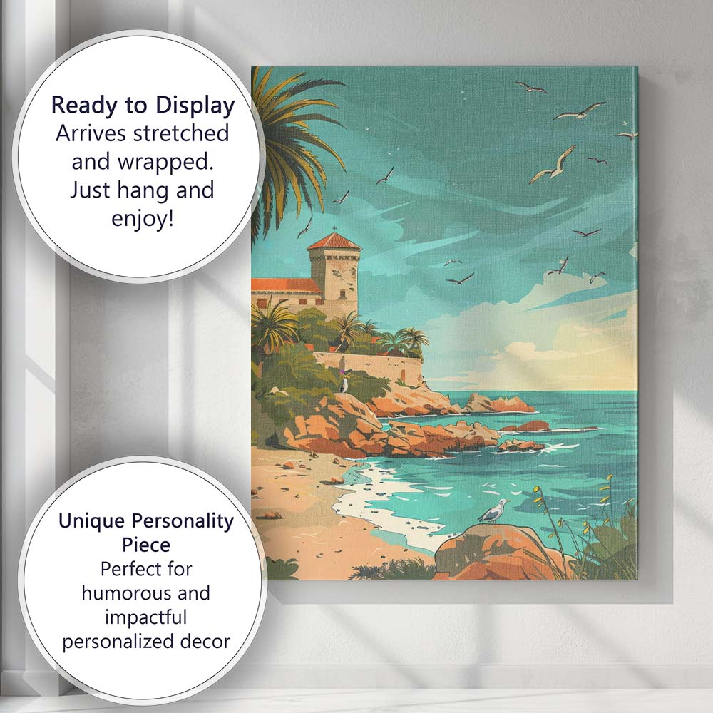 Mediterranean Coastal Fortress Seagull Beach Landscape Canvas Wall Art Print Decor Picture Ready to Hang