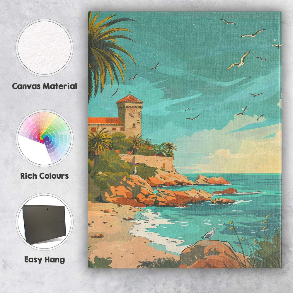 Mediterranean Coastal Fortress Seagull Beach Landscape Canvas Wall Art Print Decor Picture Ready to Hang