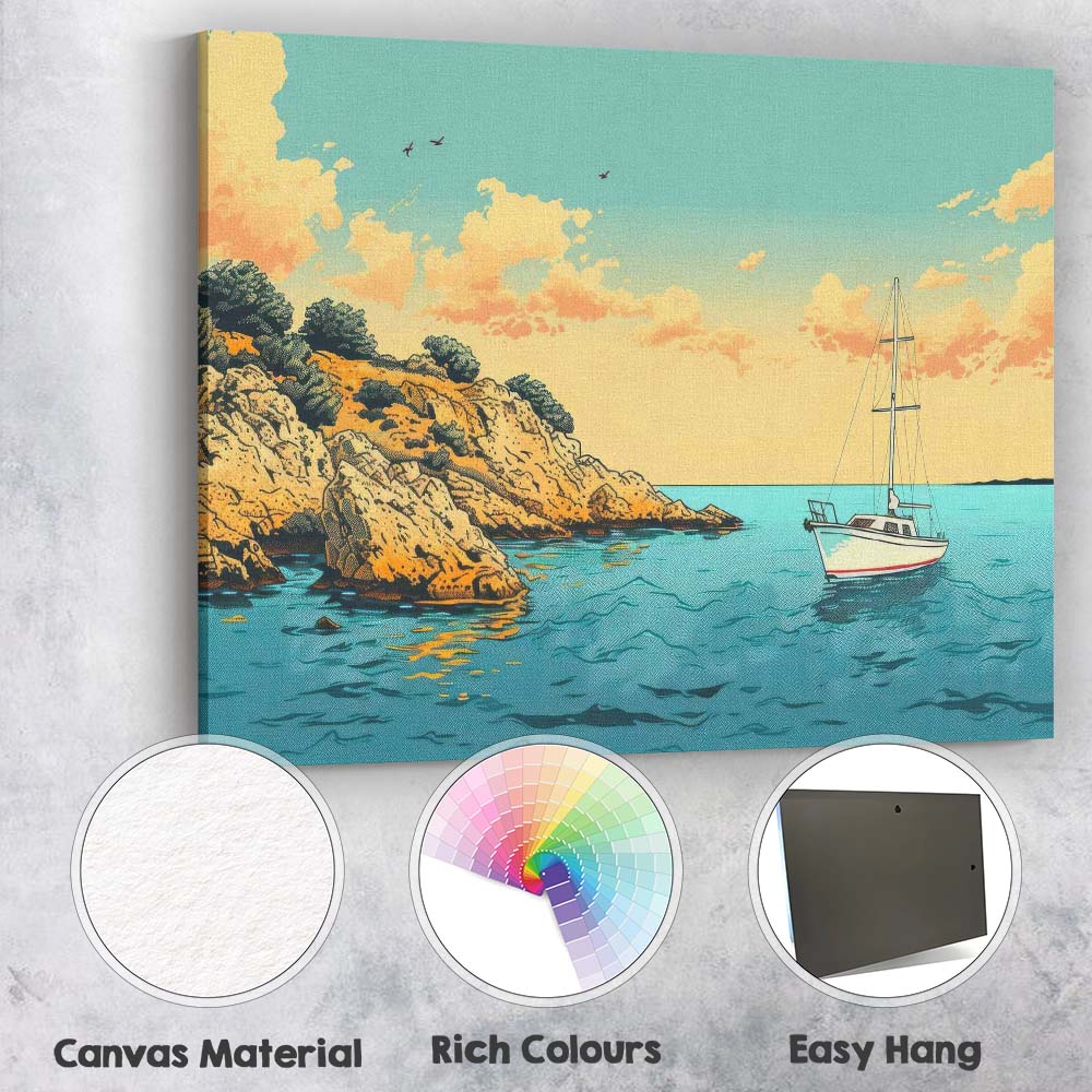 Peaceful Coastal Fishing Boat Calm Sea Illustration Canvas Wall Art Print Decor Picture Ready to Hang