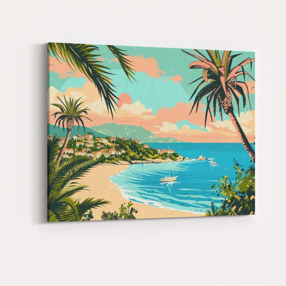 Tropical Palm Framed Coastal Bay Beach Travel Poster Canvas Wall Art Print Decor Picture Ready to Hang