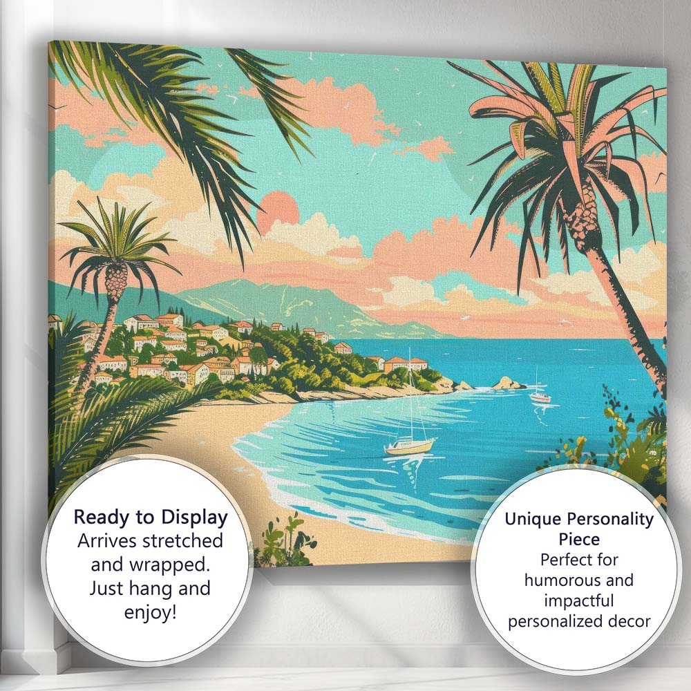 Tropical Palm Framed Coastal Bay Beach Travel Poster Canvas Wall Art Print Decor Picture Ready to Hang
