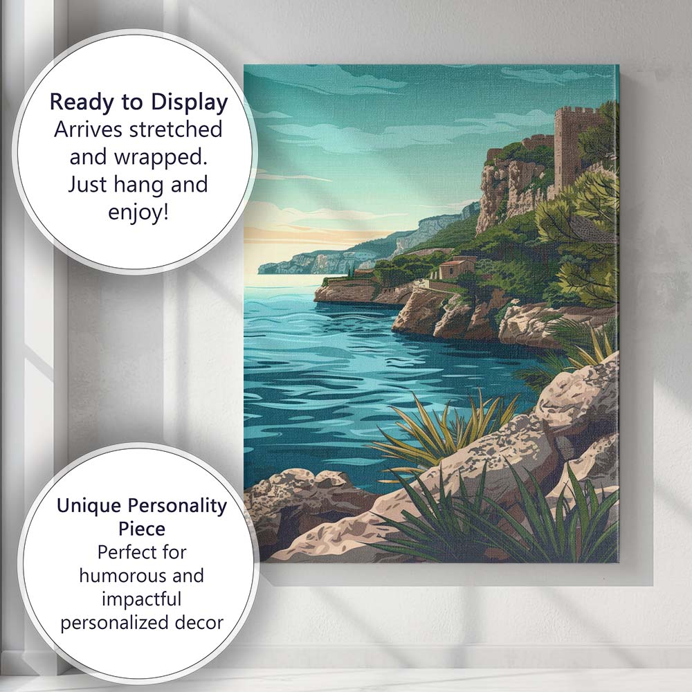 Retro Coastal Castle Rocky Cliffs Seascape Travel Poster Canvas Wall Art Print Decor Picture Ready to Hang