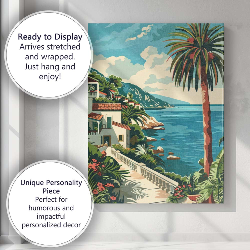 Retro Seaside Villa Palm Garden Coastal View Travel Poster Canvas Wall Art Print Decor Picture Ready to Hang