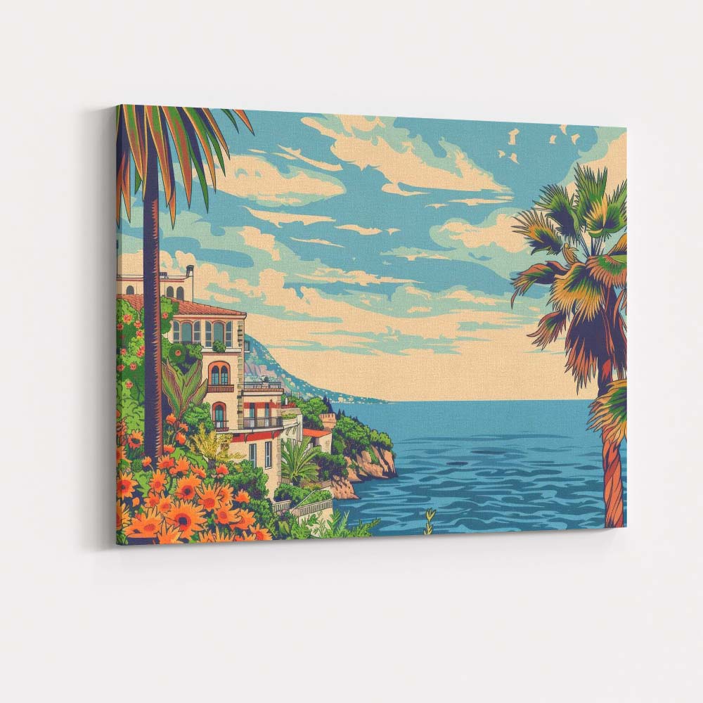 Mediterranean Coastal Villa Ocean View Floral Garden Travel Poster Canvas Wall Art Print Decor Picture Ready to Hang