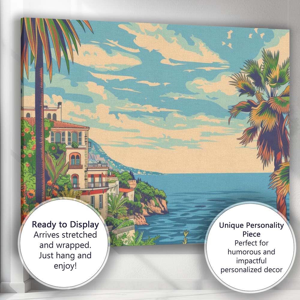 Mediterranean Coastal Villa Ocean View Floral Garden Travel Poster Canvas Wall Art Print Decor Picture Ready to Hang