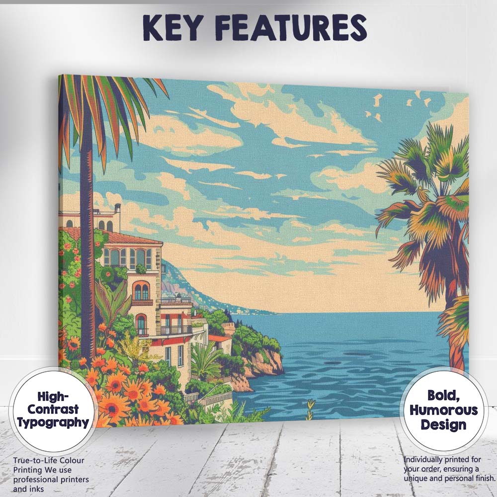Mediterranean Coastal Villa Ocean View Floral Garden Travel Poster Canvas Wall Art Print Decor Picture Ready to Hang