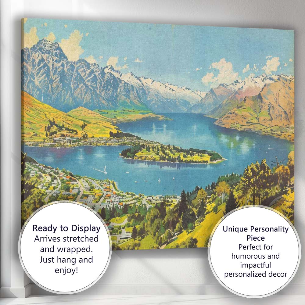 Scenic Queenstown New Zealand Lake Wakatipu Snow Capped Mountains Panorama Travel Poster Canvas Wall Art Print Decor Picture Ready to Hang