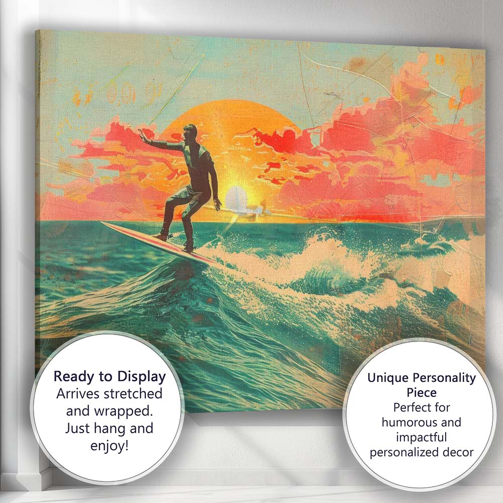 Retro Sunset Surfing Ocean Waves Tropical Beach Travel Poster Canvas Wall Art Print Decor Picture Ready to Hang
