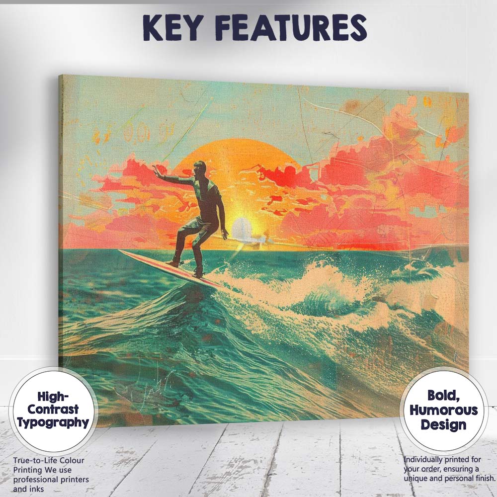 Retro Sunset Surfing Ocean Waves Tropical Beach Travel Poster Canvas Wall Art Print Decor Picture Ready to Hang