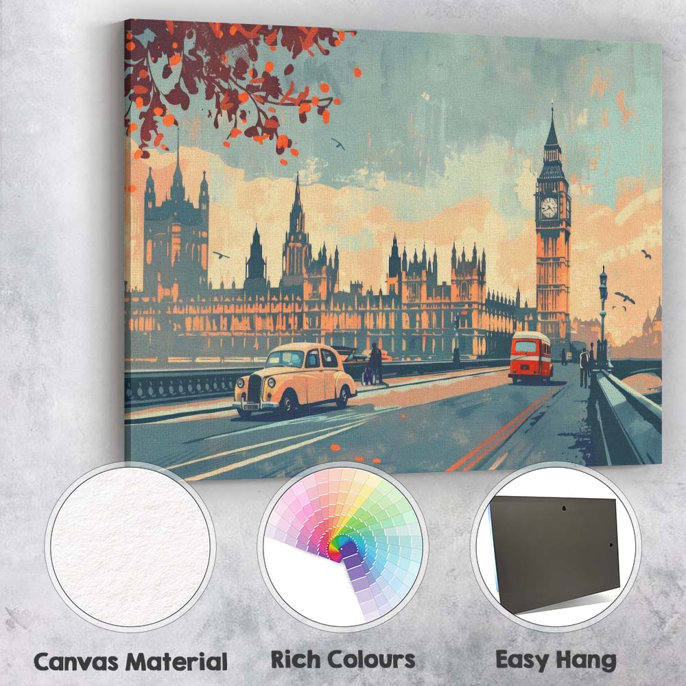 Retro London Westminster Big Ben Classic Taxi City Skyline Travel Poster Canvas Wall Art Print Decor Picture Ready to Hang