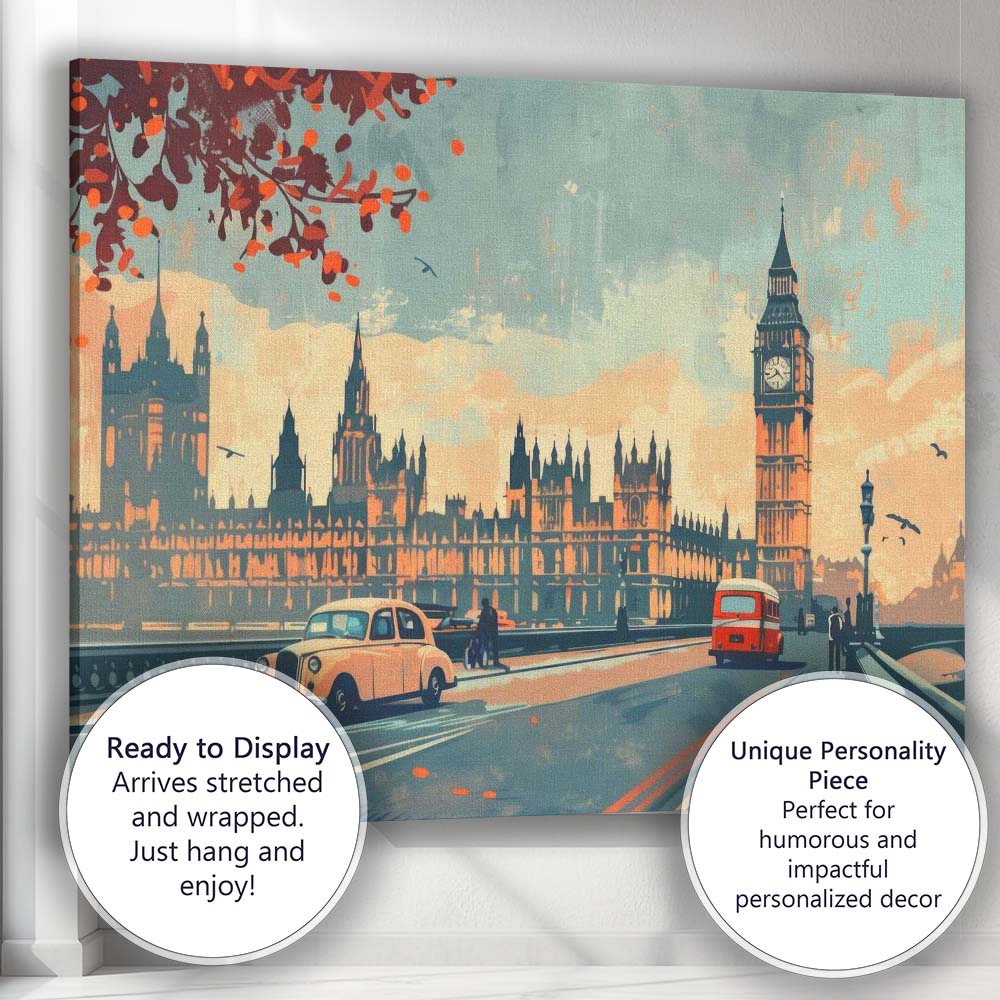 Retro London Westminster Big Ben Classic Taxi City Skyline Travel Poster Canvas Wall Art Print Decor Picture Ready to Hang