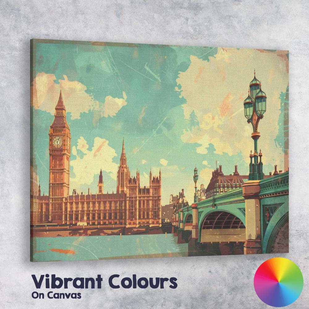 Retro London England Big Ben Westminster Bridge Skyline Travel Poster Canvas Wall Art Print Decor Picture Ready to Hang