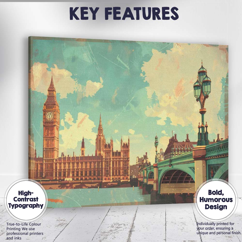 Retro London England Big Ben Westminster Bridge Skyline Travel Poster Canvas Wall Art Print Decor Picture Ready to Hang