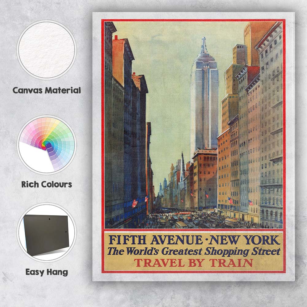 Classic Fifth Avenue New York City Empire State Building Travel Poster Canvas Wall Art Print Decor Picture Ready to Hang