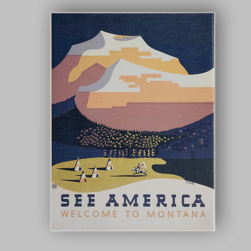 Retro Montana Mountain Landscape Native American Travel Poster Canvas Wall Art Print Decor Picture Ready to Hang