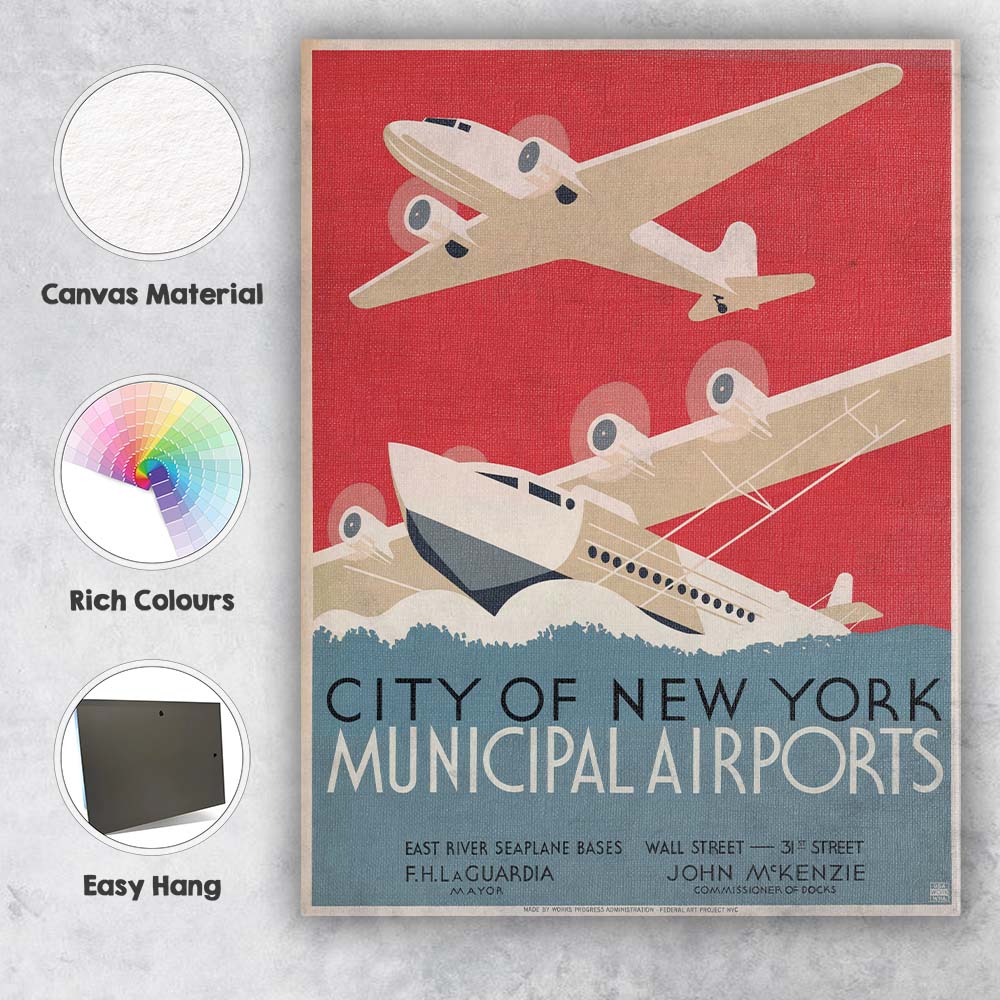 Art Deco New York Municipal Airports Aviation Travel Poster Canvas Wall Art Print Decor Picture Ready to Hang