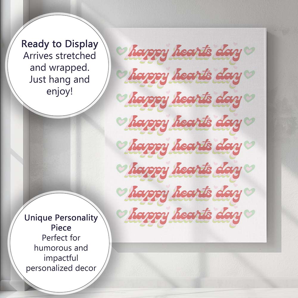 Retro Happy Hearts Day Typography Repeat Canvas Wall Art Print Decor Picture Ready to Hang