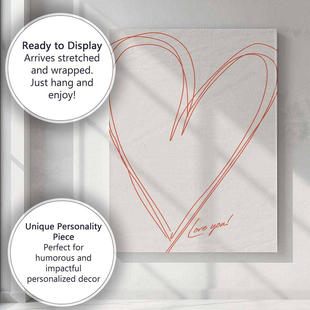 Minimalist Red Heart Line Drawing Love Quote Canvas Wall Art Print Decor Picture Ready to Hang