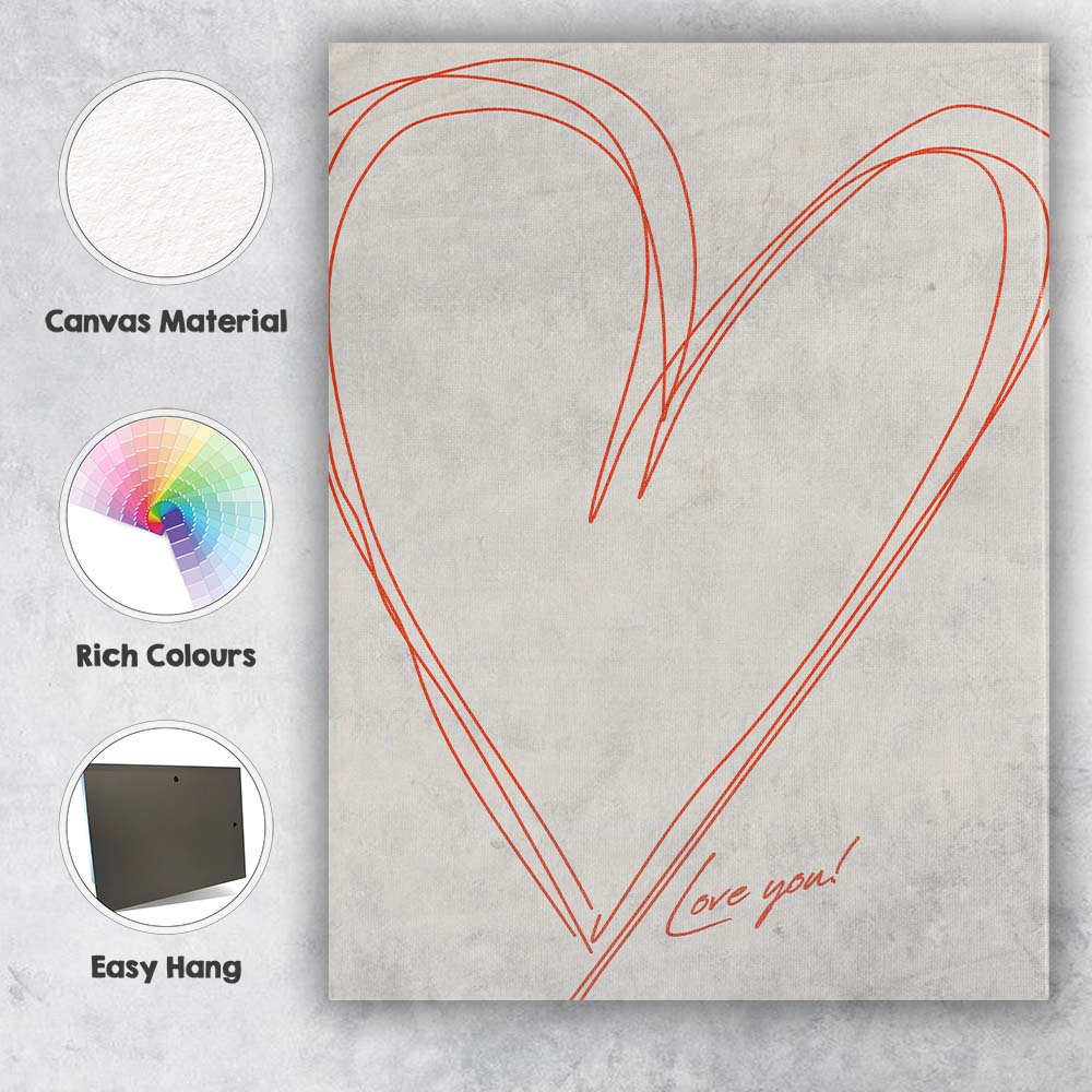 Minimalist Red Heart Line Drawing Love Quote Canvas Wall Art Print Decor Picture Ready to Hang