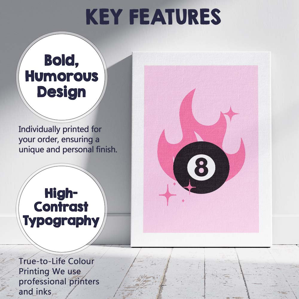 Minimalist Flaming Eight Ball Retro Illustration Canvas Wall Art Print Decor Picture Ready to Hang