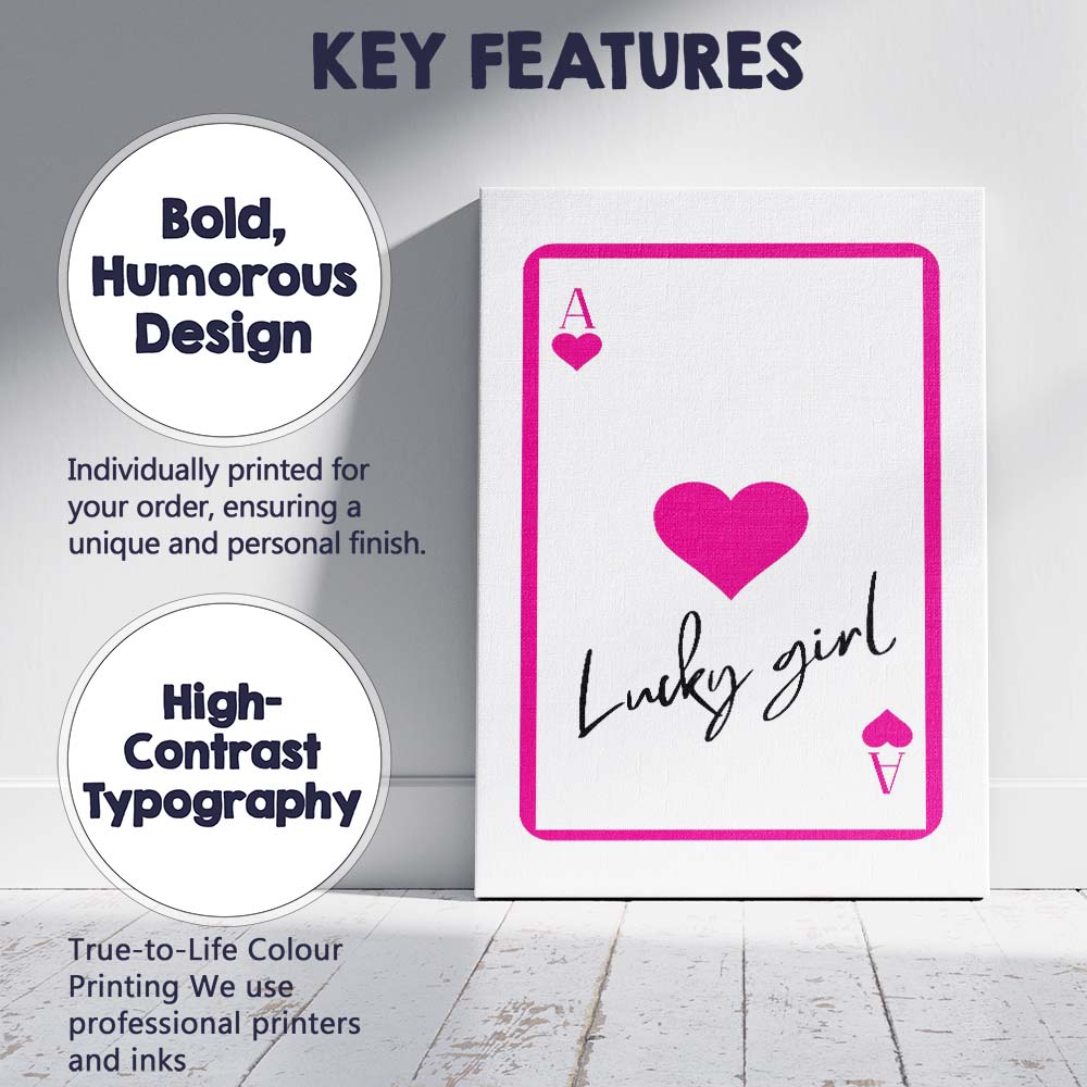 Lucky Girl Ace Of Hearts Typography Canvas Wall Art Print Decor Picture Ready to Hang