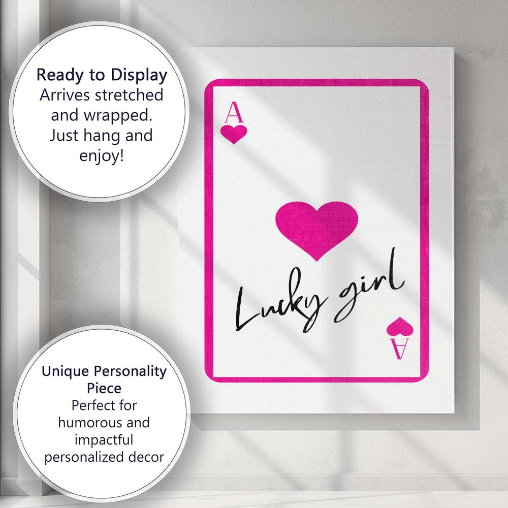 Lucky Girl Ace Of Hearts Typography Canvas Wall Art Print Decor Picture Ready to Hang