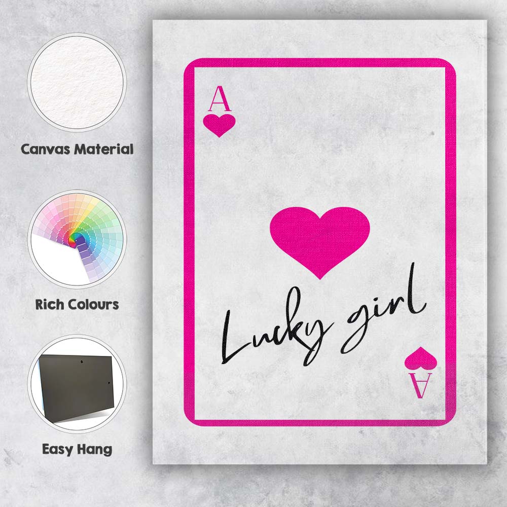 Lucky Girl Ace Of Hearts Typography Canvas Wall Art Print Decor Picture Ready to Hang