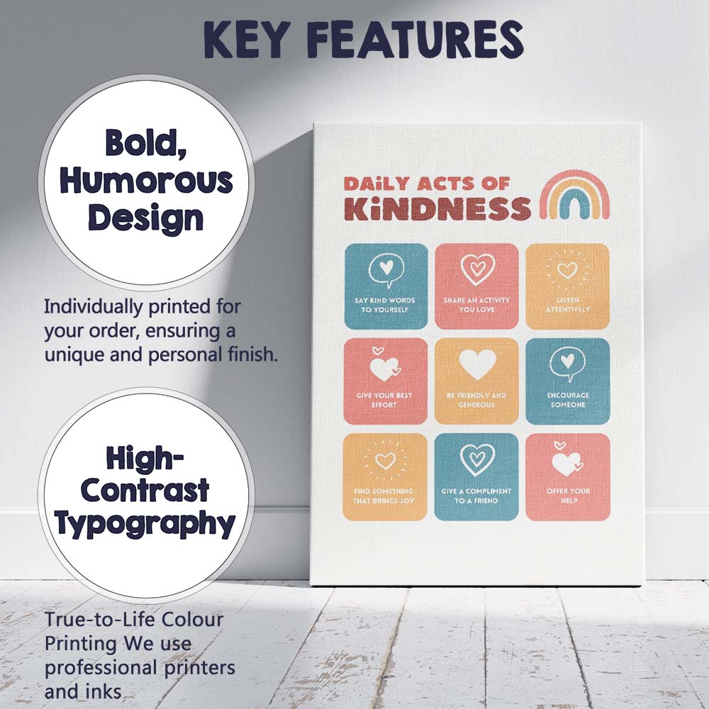 Daily Acts Of Kindness Inspirational Typography Poster Canvas Wall Art Print Decor Picture Ready to Hang