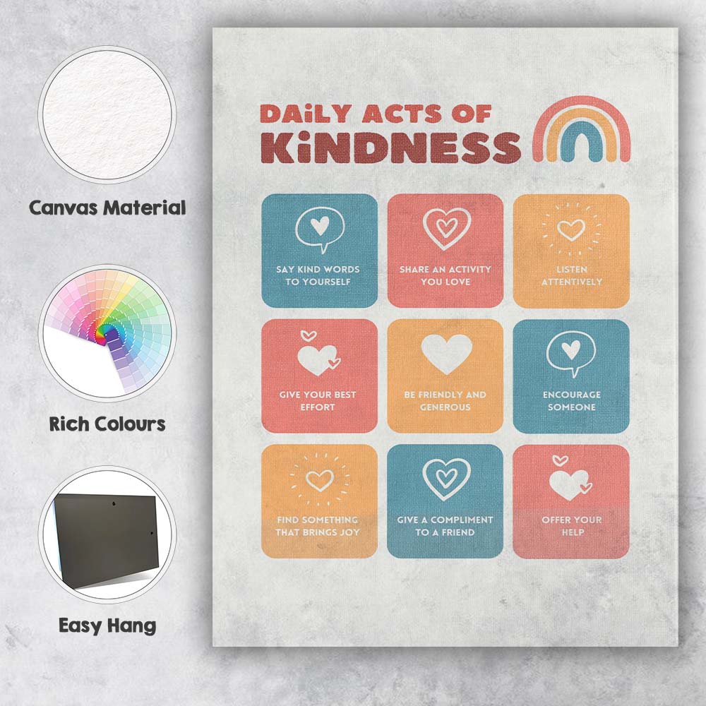 Daily Acts Of Kindness Inspirational Typography Poster Canvas Wall Art Print Decor Picture Ready to Hang