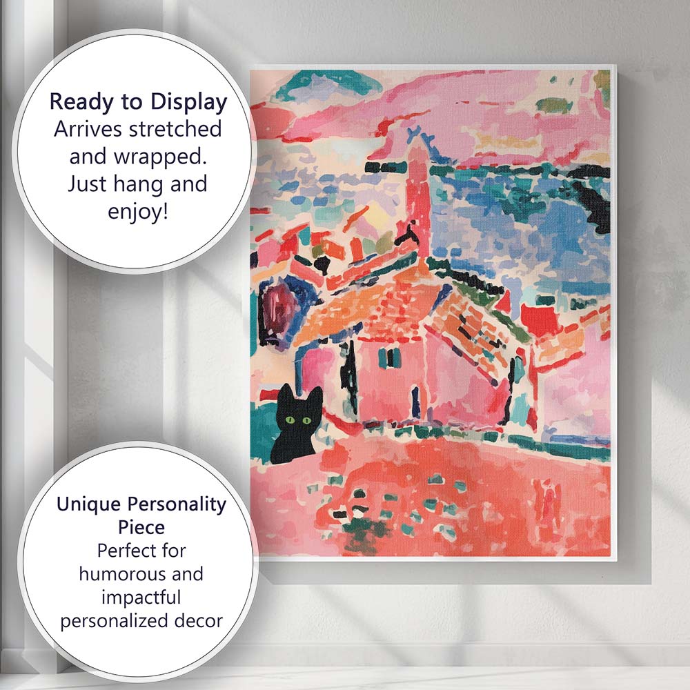 Matisse Inspired Pink Coastal Village Black Cat Landscape Canvas Wall Art Print Decor Picture Ready to Hang