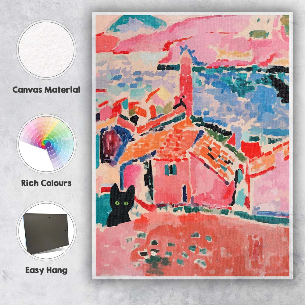 Matisse Inspired Pink Coastal Village Black Cat Landscape Canvas Wall Art Print Decor Picture Ready to Hang