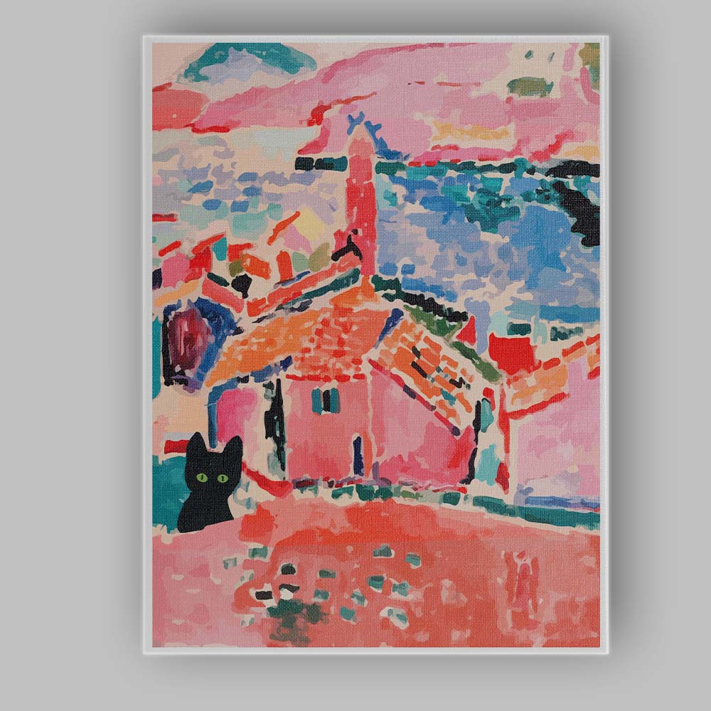 Matisse Inspired Pink Coastal Village Black Cat Landscape Canvas Wall Art Print Decor Picture Ready to Hang
