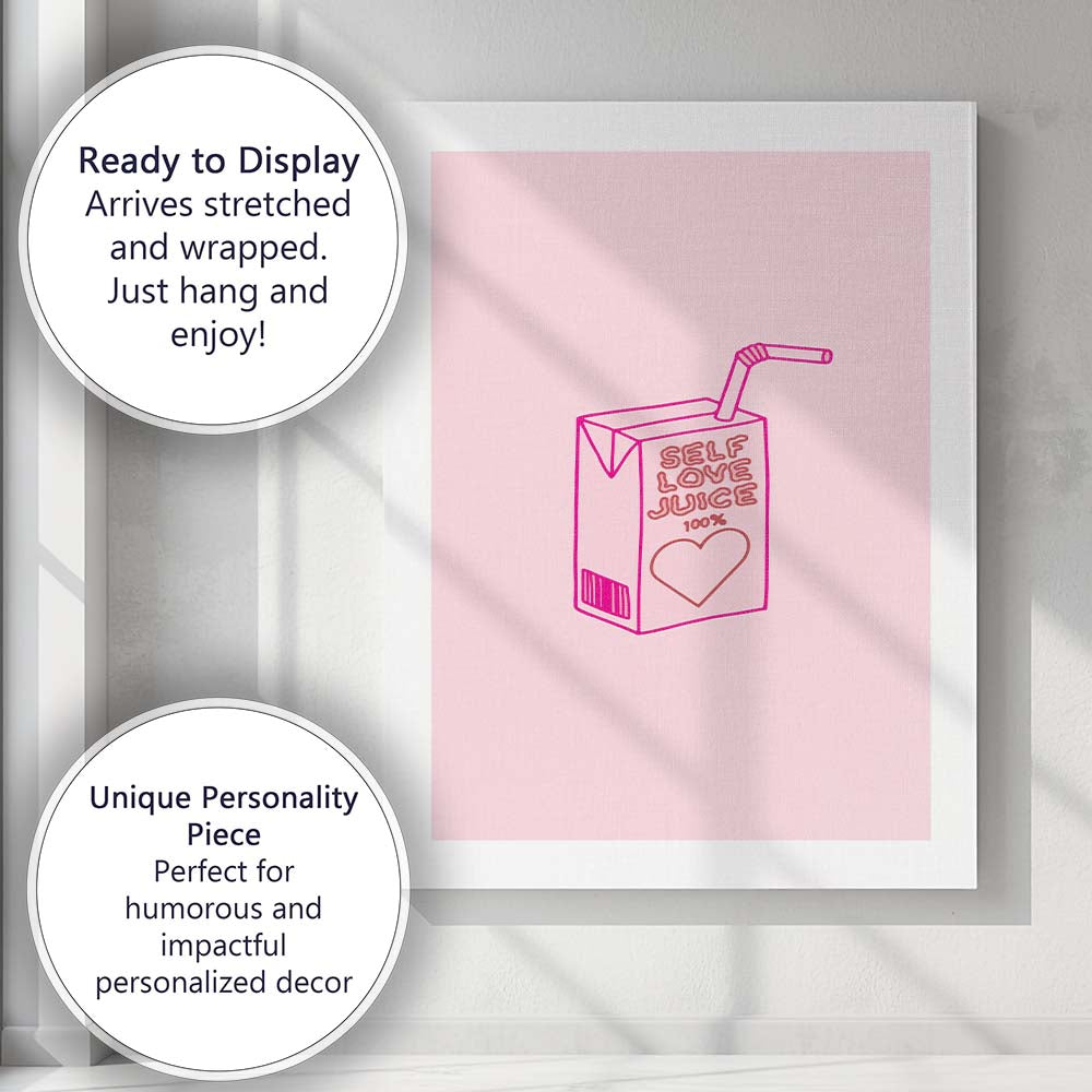Self Love Juice Minimal Pink Line Art Illustration Canvas Wall Art Print Decor Picture Ready to Hang