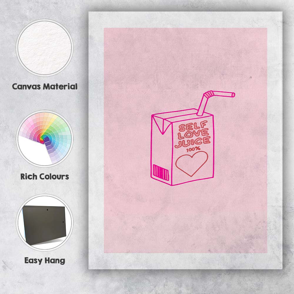 Self Love Juice Minimal Pink Line Art Illustration Canvas Wall Art Print Decor Picture Ready to Hang
