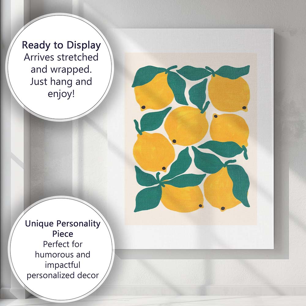 Minimalist Yellow Lemon Botanical Fruit Illustration Canvas Wall Art Print Decor Picture Ready to Hang