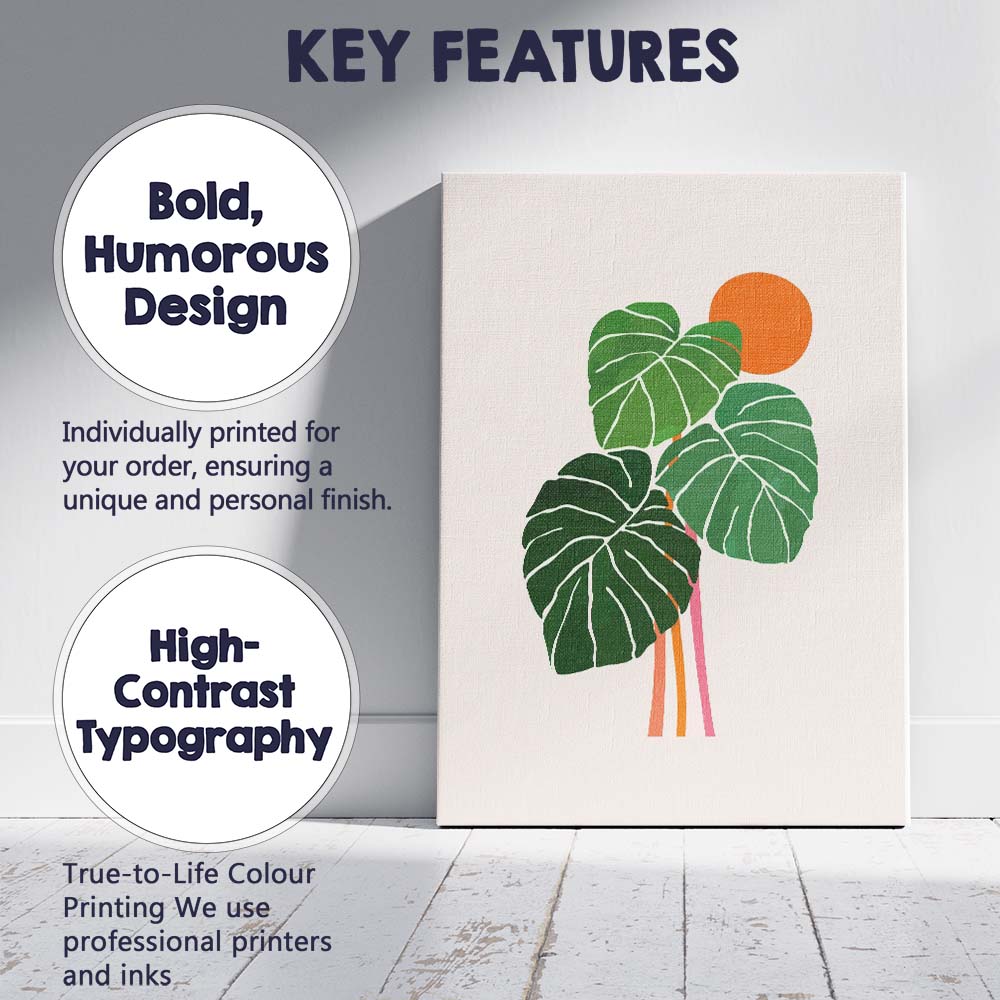 Minimalist Tropical Monstera Leaves Orange Sun Botanical Canvas Wall Art Print Decor Picture Ready to Hang