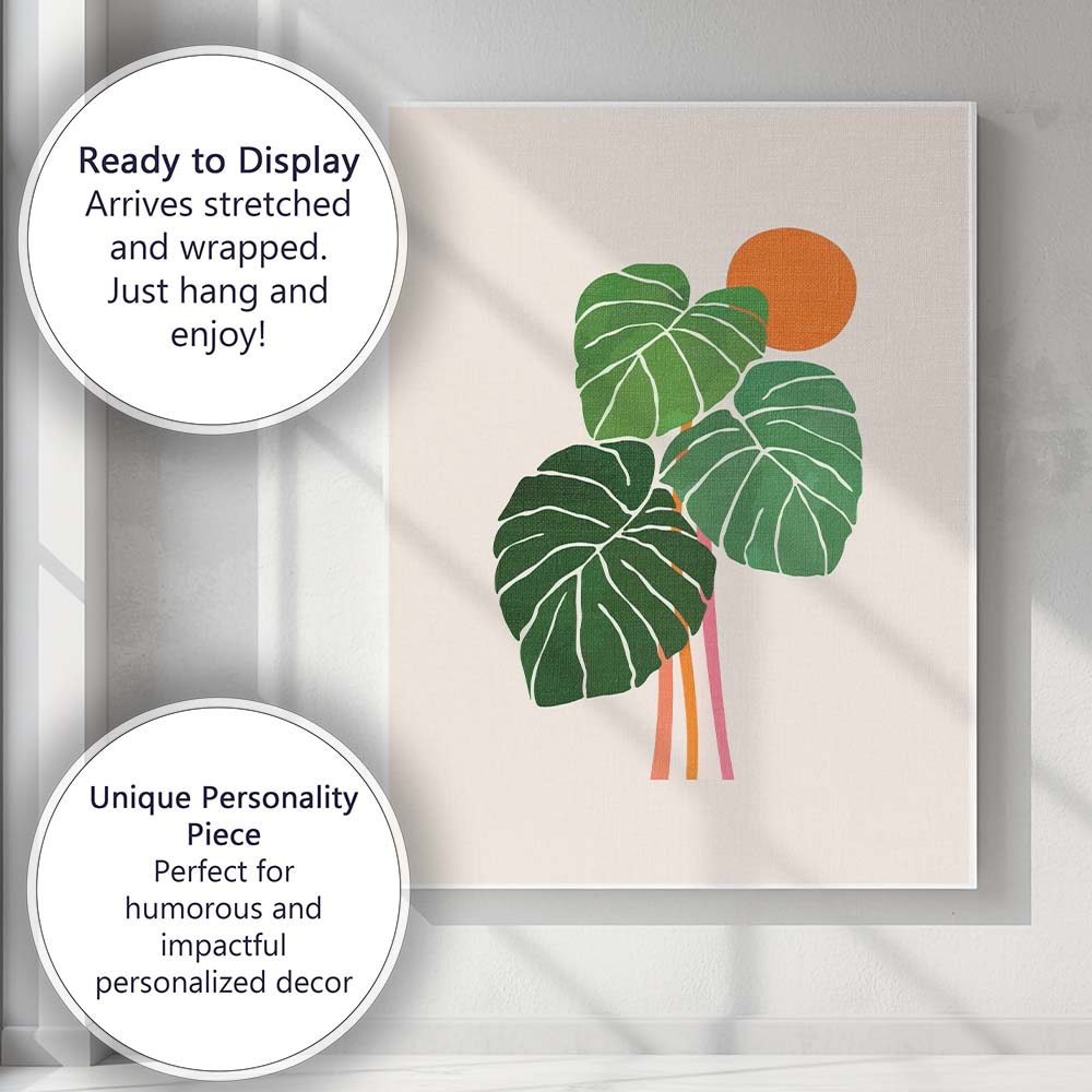 Minimalist Tropical Monstera Leaves Orange Sun Botanical Canvas Wall Art Print Decor Picture Ready to Hang