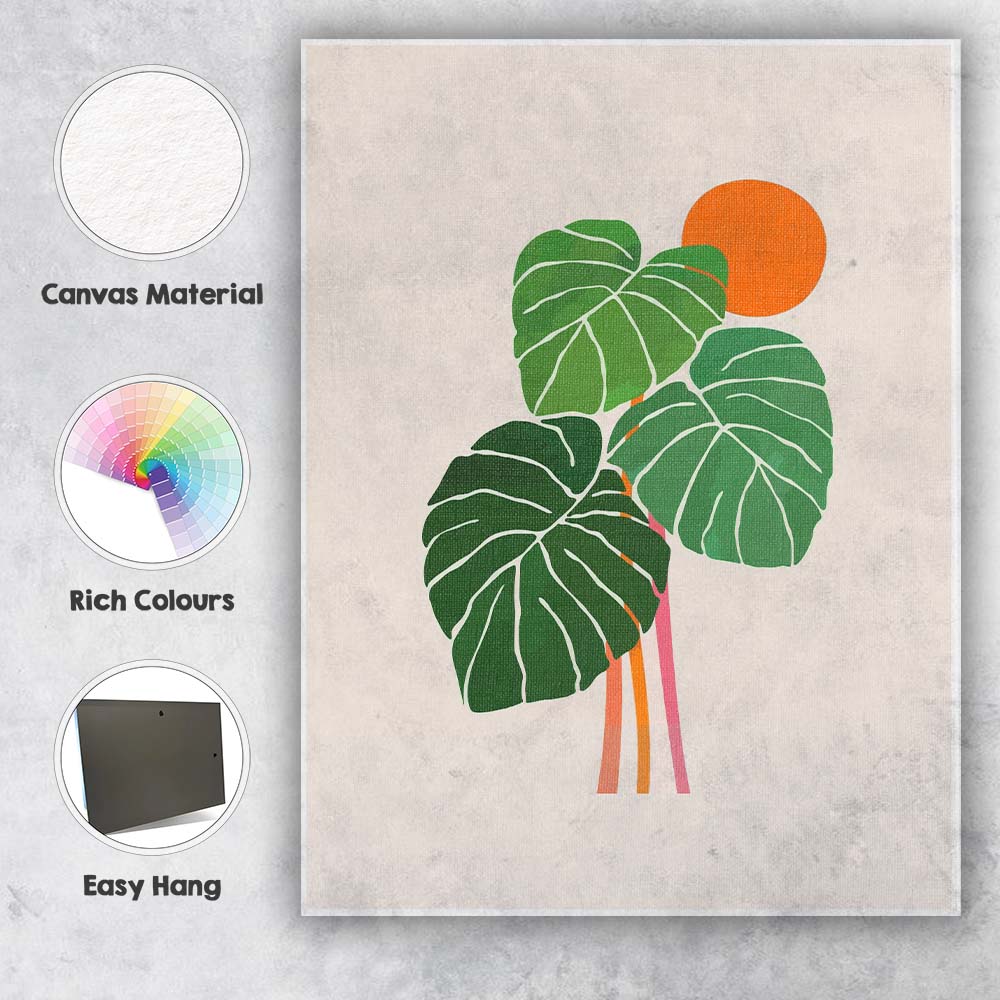 Minimalist Tropical Monstera Leaves Orange Sun Botanical Canvas Wall Art Print Decor Picture Ready to Hang