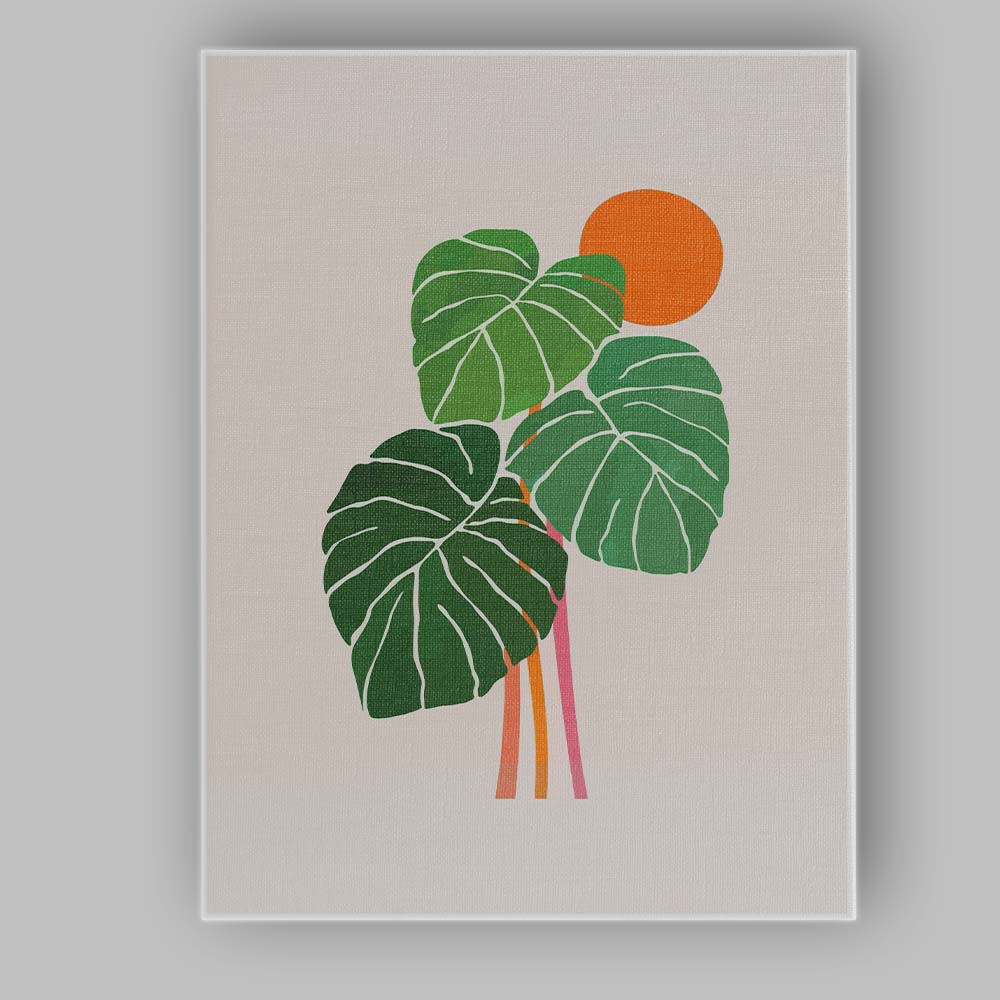 Minimalist Tropical Monstera Leaves Orange Sun Botanical Canvas Wall Art Print Decor Picture Ready to Hang