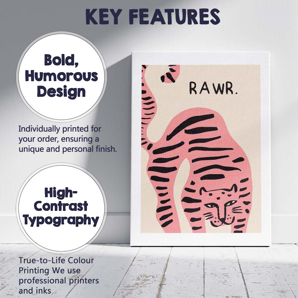 Pink Striped Tiger Rawr Cute Animal Illustration Canvas Wall Art Print Decor Picture Ready to Hang