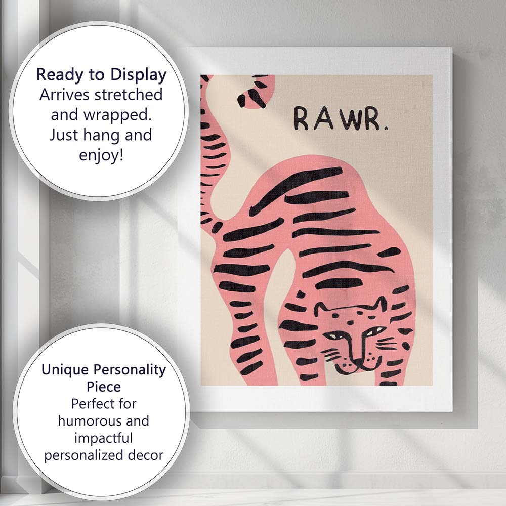Pink Striped Tiger Rawr Cute Animal Illustration Canvas Wall Art Print Decor Picture Ready to Hang