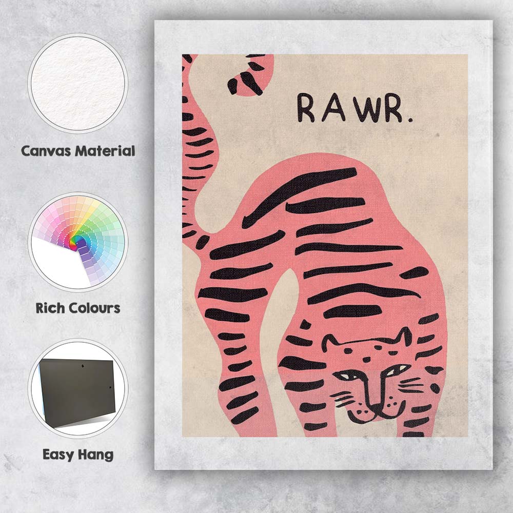 Pink Striped Tiger Rawr Cute Animal Illustration Canvas Wall Art Print Decor Picture Ready to Hang