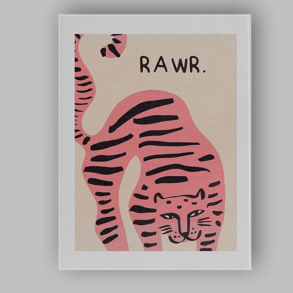 Pink Striped Tiger Rawr Cute Animal Illustration Canvas Wall Art Print Decor Picture Ready to Hang