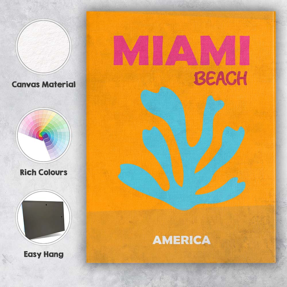 Miami Beach Coral Silhouette Retro Typography Canvas Wall Art Print Decor Picture Ready to Hang