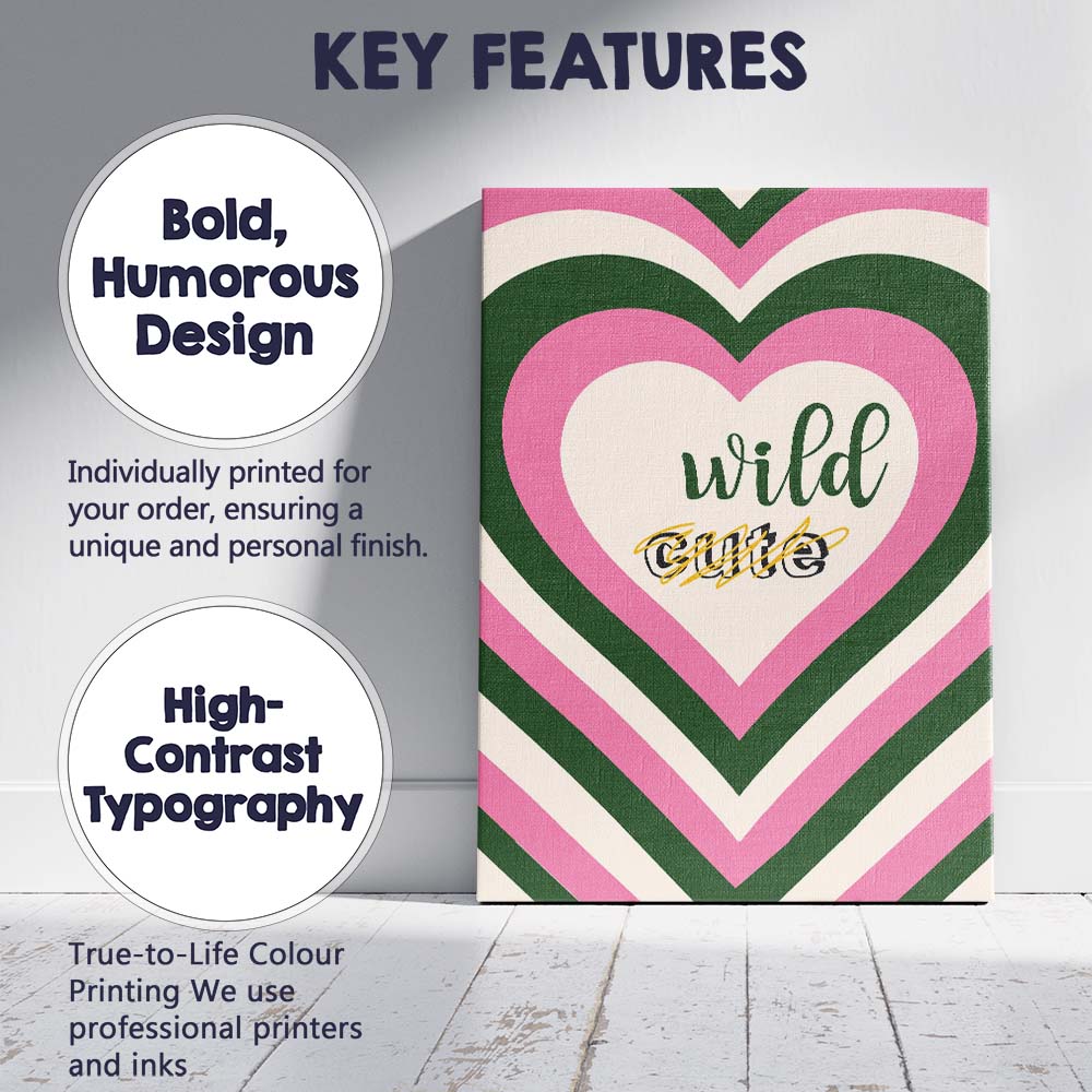 Wild Cute Retro Heart Stripe Typography Canvas Wall Art Print Decor Picture Ready to Hang