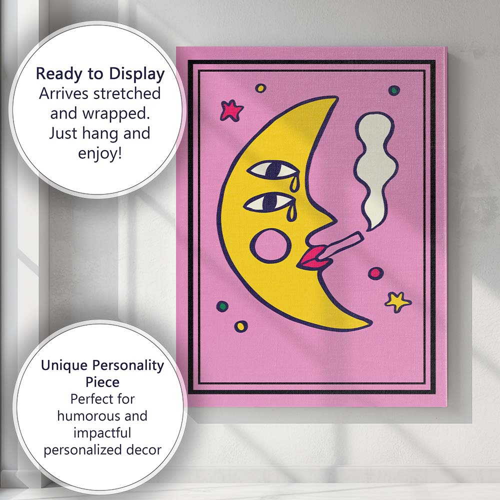Whimsical Celestial Moon Face Smoking Surreal Illustration Canvas Wall Art Print Decor Picture Ready to Hang